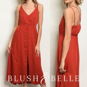 Blush & Belle Women's Rust Red Maxi Dress with Button Front